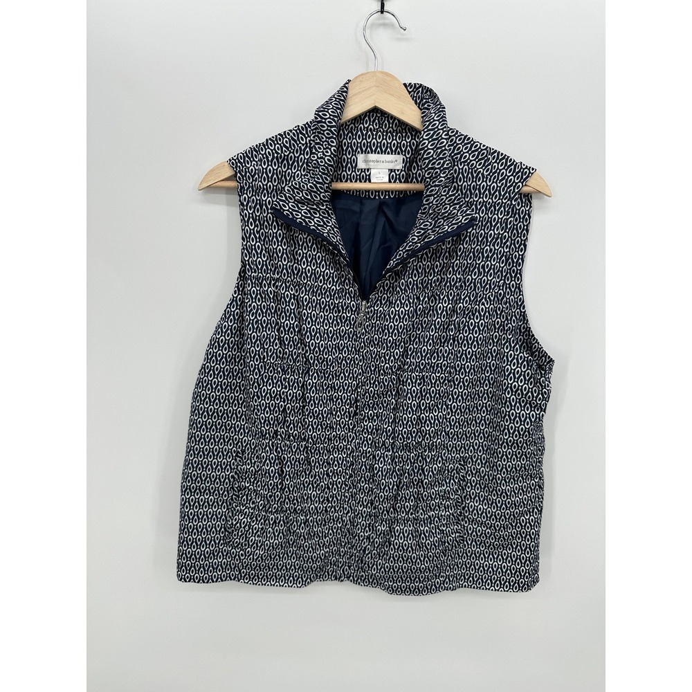 Christopher & Banks Womens Navy Blue White Geometric Quilted Zip Up Vest Large